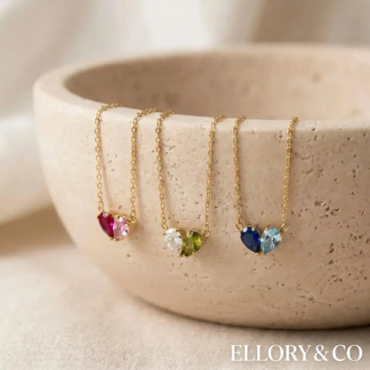 Elara necklace – two teardrop birthstones forming a heart